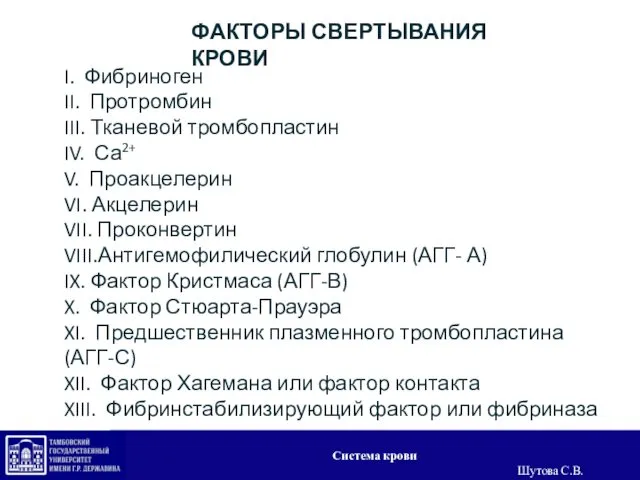 I. Фибриноген II. Протромбин III. Тканевой тромбопластин IV. Са2+ V. Проакцелерин