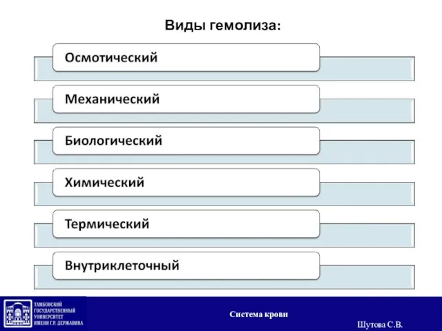 Виды гемолиза: Система крови Шутова С.В.