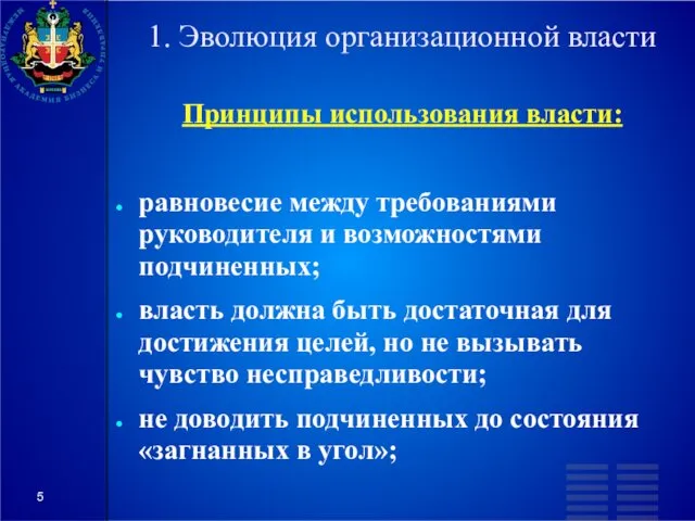 1. Эволюция организационной власти Принципы использования власти: равновесие между требованиями руководителя