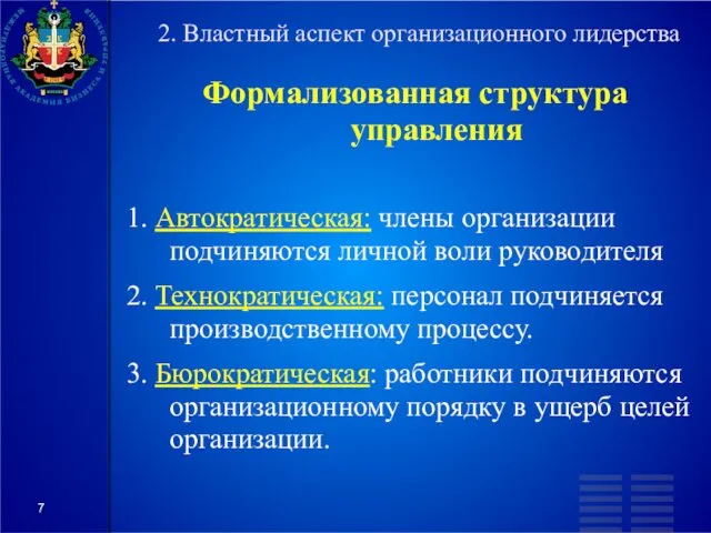 2. Властный аспект организационного лидерства Формализованная структура управления 1. Автократическая: члены