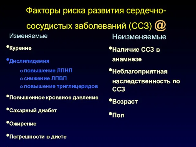 Факторы риска развития сердечно-сосудистых заболеваний (ССЗ) @ Изменяемые Курение Дислипидемия повышение