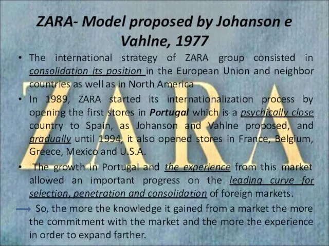 ZARA- Model proposed by Johanson e Vahlne, 1977 The international strategy