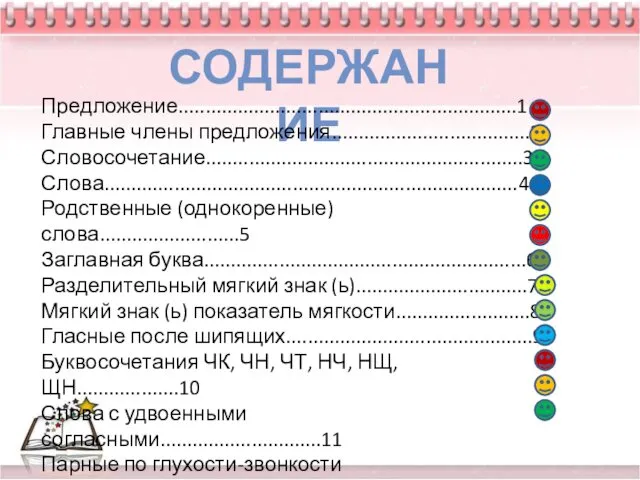 СОДЕРЖАНИЕ Предложение...............................................................1 Главные члены предложения.....................................2 Словосочетание...........................................................3 Слова.............................................................................4 Родственные (однокоренные) слова..........................5 Заглавная