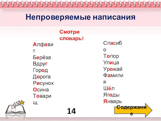 14 Содержание Непроверяемые написания Смотри словарь! Алфавит Берёза Вдруг Город Дорога