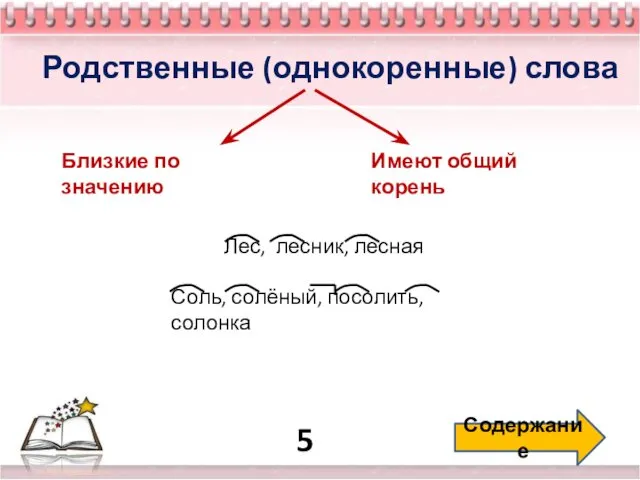 5 Содержание Родственные (однокоренные) слова Близкие по значению Имеют общий корень