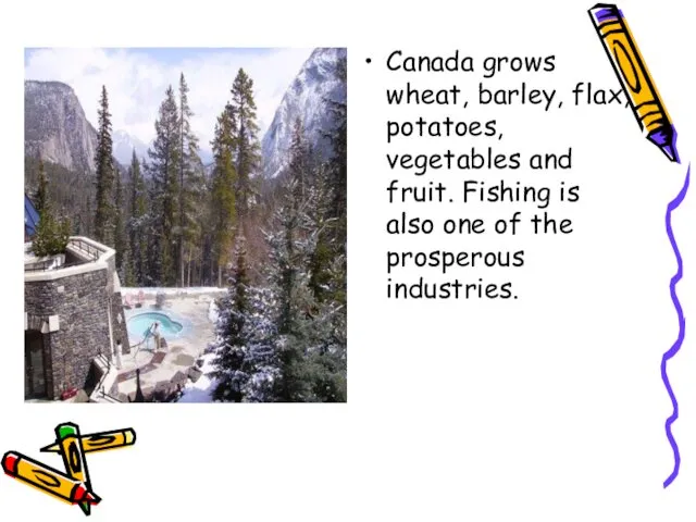 Canada grows wheat, barley, flax, potatoes, vegetables and fruit. Fishing is