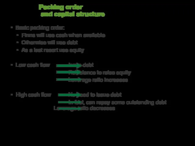 Pecking order and capital structure Basic pecking order: Firms will use