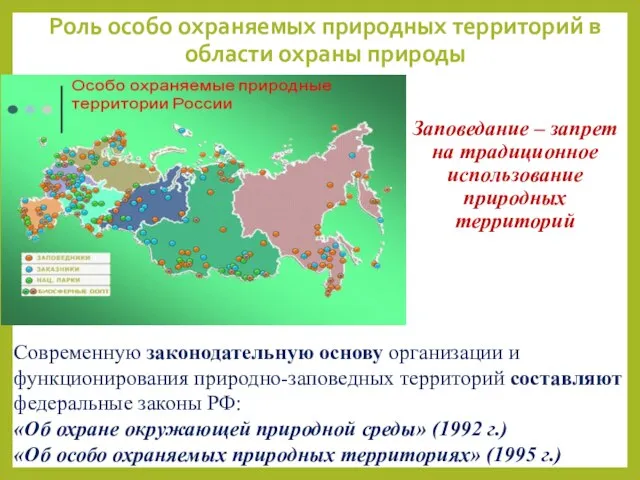 Заповедание – запрет на традиционное использование природных территорий Современную законодательную основу