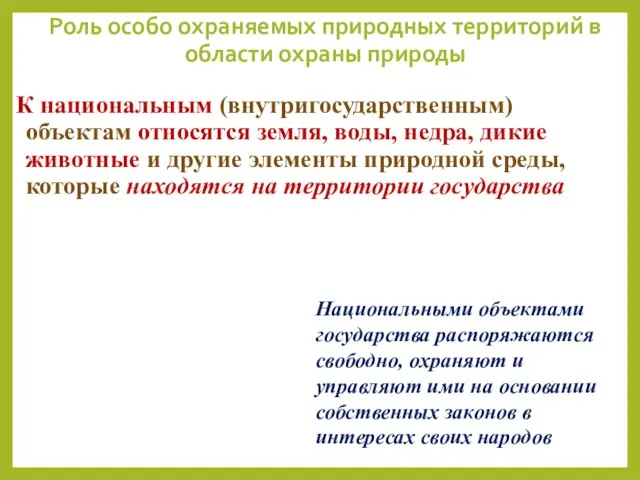 К национальным (внутригосударственным) объектам относятся земля, воды, недра, дикие животные и