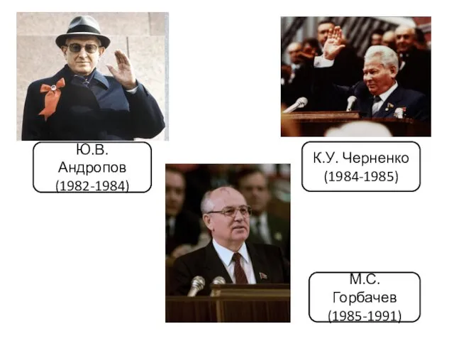 Ю.В. Андропов (1982-1984) К.У. Черненко (1984-1985) М.С. Горбачев (1985-1991)