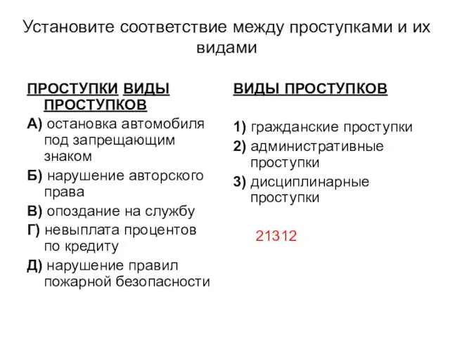 Установите соответствие между проступками и их видами ПРОСТУПКИ ВИДЫ ПРОСТУПКОВ А)