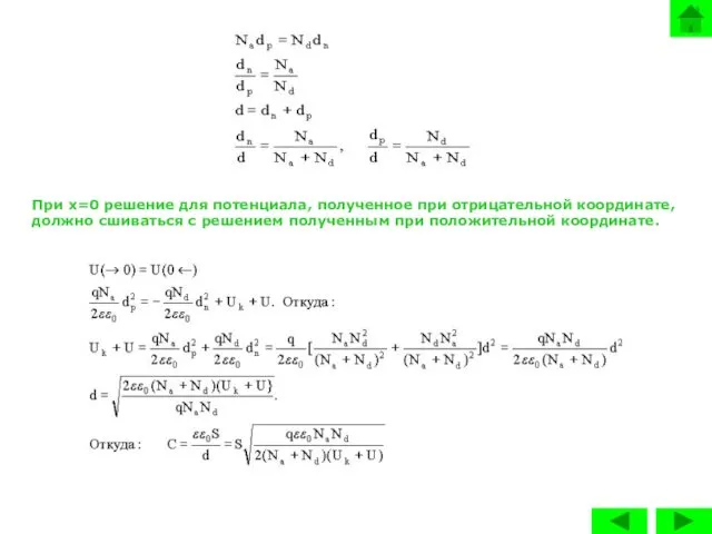 При x=0 решение для потенциала, полученное при отрицательной координате, должно сшиваться
