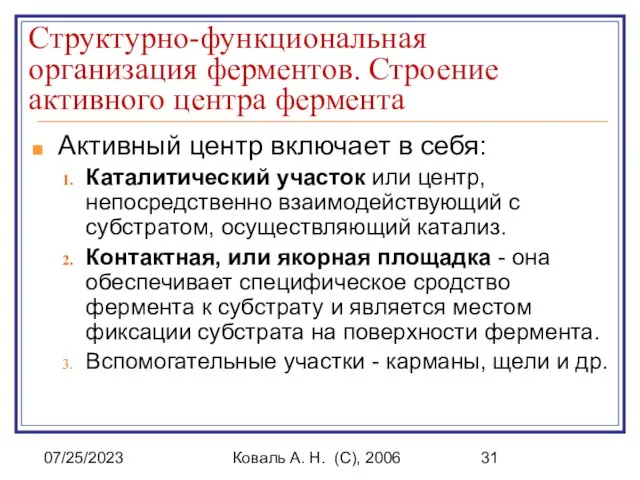 07/25/2023 Коваль А. Н. (C), 2006 Структурно-функциональная организация ферментов. Строение активного