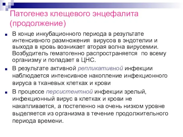 Патогенез клещевого энцефалита (продолжение) В конце инкубационного периода в результате интенсивного