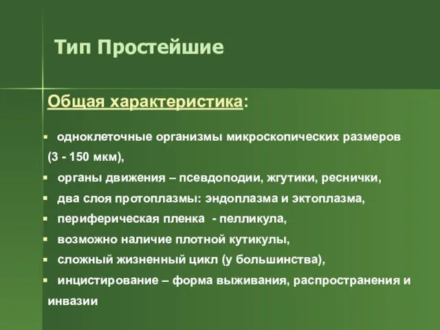 Тип Простейшие Общая характеристика: одноклеточные организмы микроскопических размеров (3 - 150