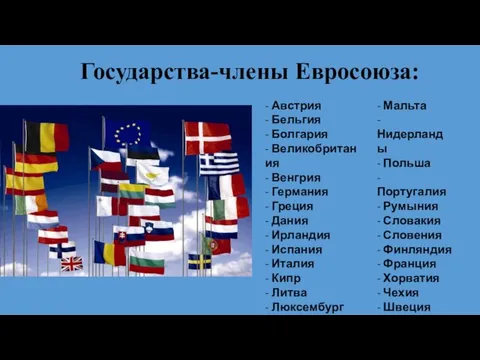 Государства-члены Евросоюза: - Австрия - Бельгия - Болгария - Великобритания -