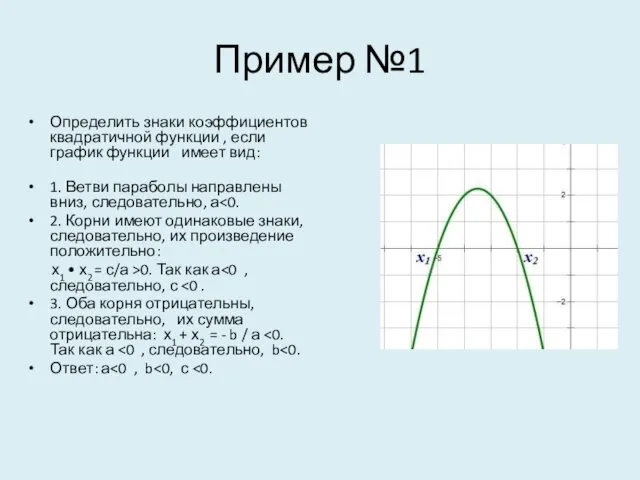 Пример №1 Определить знаки коэффициентов квадратичной функции , если график функции