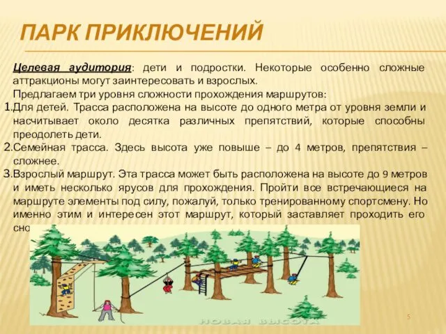 ПАРК ПРИКЛЮЧЕНИЙ Целевая аудитория: дети и подростки. Некоторые особенно сложные аттракционы