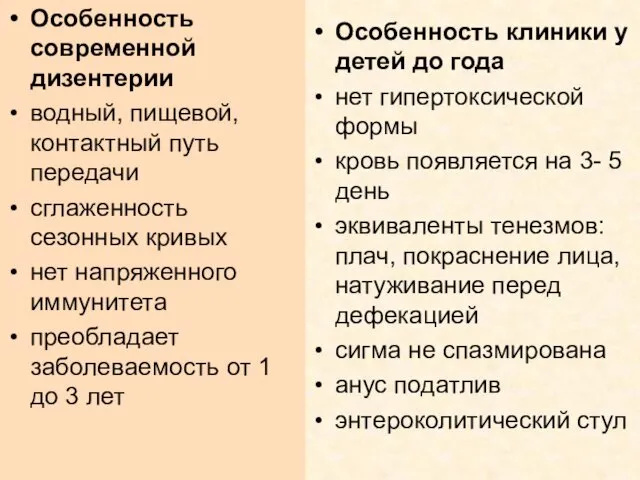 Особенность клиники у детей до года нет гипертоксической формы кровь появляется