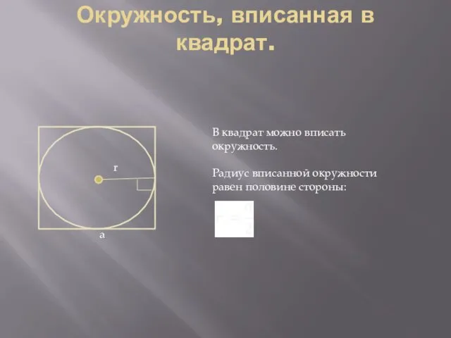 Окружность, вписанная в квадрат. В квадрат можно вписать окружность. Радиус вписанной