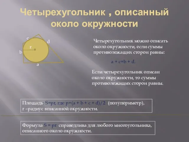 Четырехугольник , описанный около окружности Четырехугольник можно описать около окружности, если