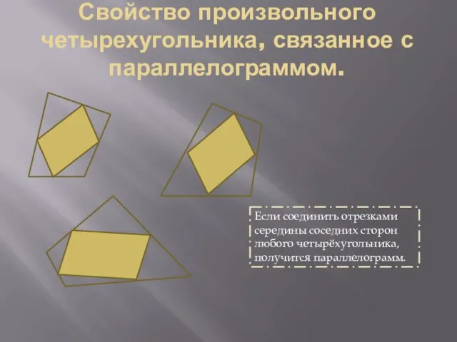 Свойство произвольного четырехугольника, связанное с параллелограммом. Если соединить отрезками середины соседних сторон любого четырёхугольника, получится параллелограмм.