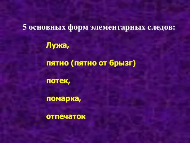 5 основных форм элементарных следов: Лужа, пятно (пятно от брызг) потек, помарка, отпечаток