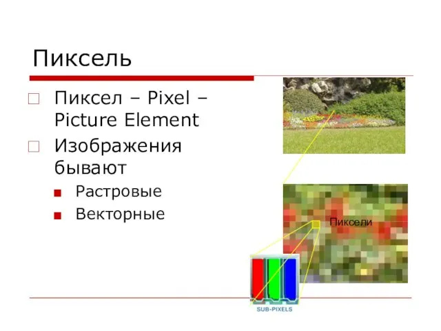 Пиксель Пиксел – Pixel – Picture Element Изображения бывают Растровые Векторные Пиксели