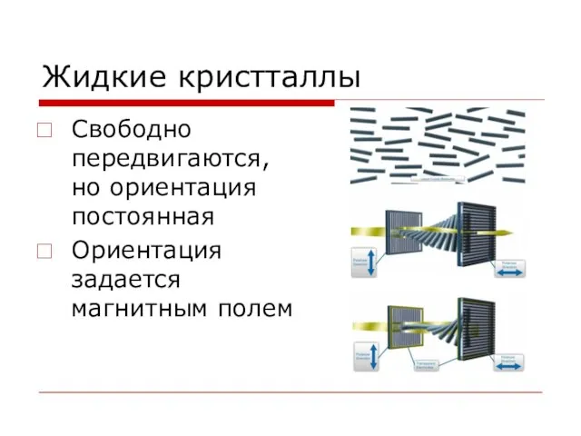 Жидкие кристталлы Свободно передвигаются, но ориентация постоянная Ориентация задается магнитным полем