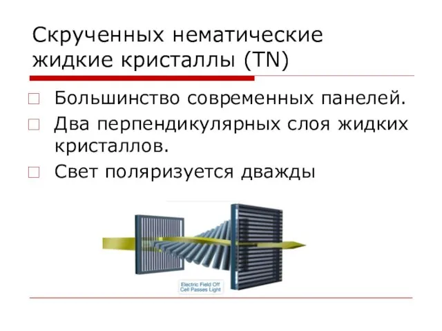 Скрученных нематические жидкие кристаллы (TN) Большинство современных панелей. Два перпендикулярных слоя жидких кристаллов. Свет поляризуется дважды