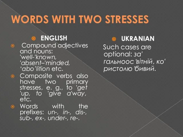 WORDS WITH TWO STRESSES ENGLISH Compound adjectives and nouns: 'well-'known, 'absent–'minded,