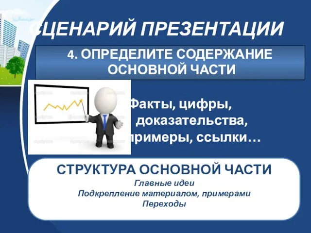 СЦЕНАРИЙ ПРЕЗЕНТАЦИИ 4. ОПРЕДЕЛИТЕ СОДЕРЖАНИЕ ОСНОВНОЙ ЧАСТИ Факты, цифры, доказательства, примеры,