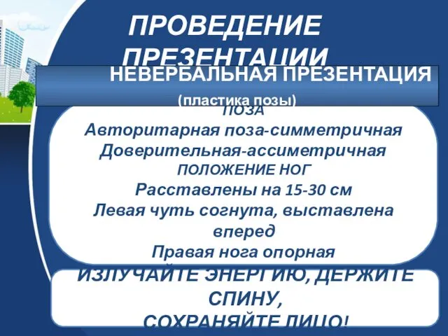 ПРОВЕДЕНИЕ ПРЕЗЕНТАЦИИ ПОЗА ПОЗА Авторитарная поза-симметричная Доверительная-ассиметричная ПОЛОЖЕНИЕ НОГ Расставлены на