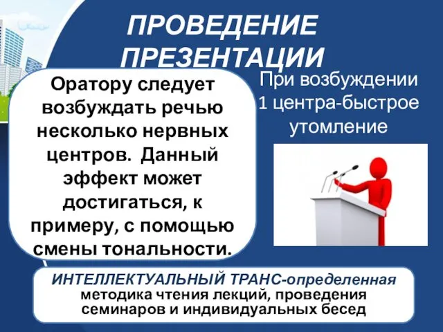 ПРОВЕДЕНИЕ ПРЕЗЕНТАЦИИ Оратору следует возбуждать речью несколько нервных центров. Данный эффект