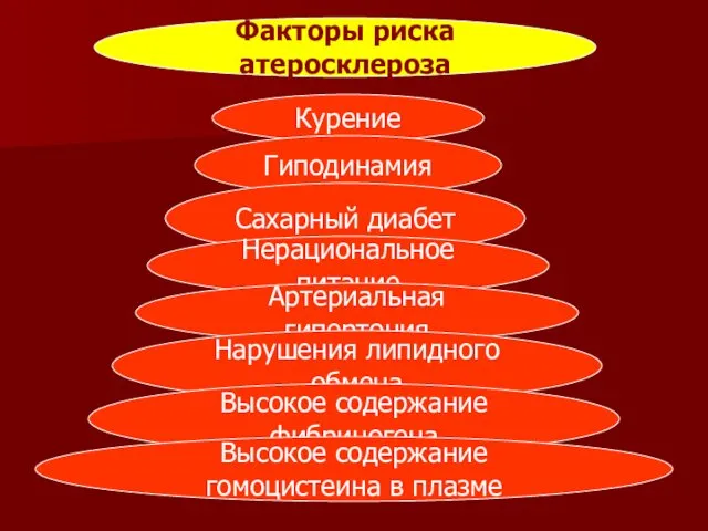 Факторы риска атеросклероза Курение Гиподинамия Сахарный диабет Нерациональное питание Артериальная гипертония