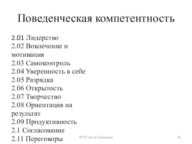 Поведенческая компетентность 2.01 Лидерство 2.02 Вовлечение и мотивация 2.03 Самоконтроль 2.04