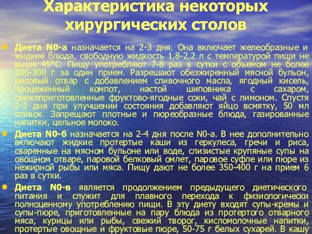 Характеристика некоторых хирургических столов Диета N0-а назначается на 2-3 дня. Она