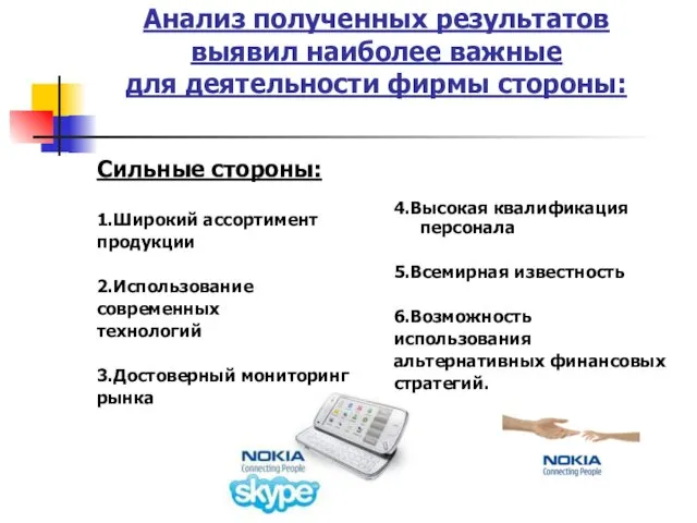 Анализ полученных результатов выявил наиболее важные для деятельности фирмы стороны: Сильные