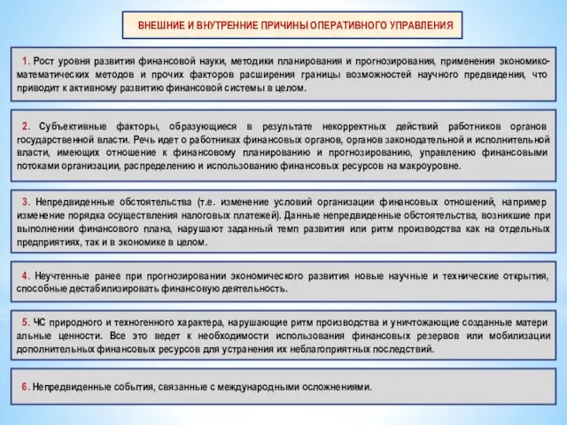 ВНЕШНИЕ И ВНУТРЕННИЕ ПРИЧИНЫ ОПЕРАТИВНОГО УПРАВЛЕНИЯ 1. Рост уровня развития финансовой