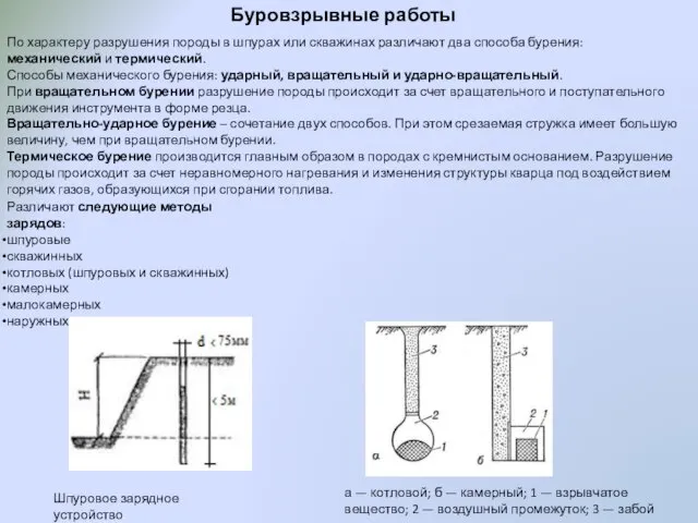 По характеру разрушения породы в шпурах или скважинах различают два способа