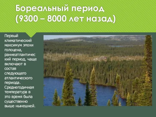 Бореальный период (9300 – 8000 лет назад) Первый климатический максимум эпохи