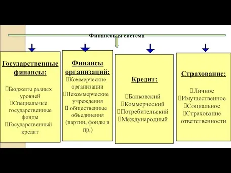 Финансовая система Государственные финансы: Бюджеты разных уровней Специальные государственные фонды Государственный