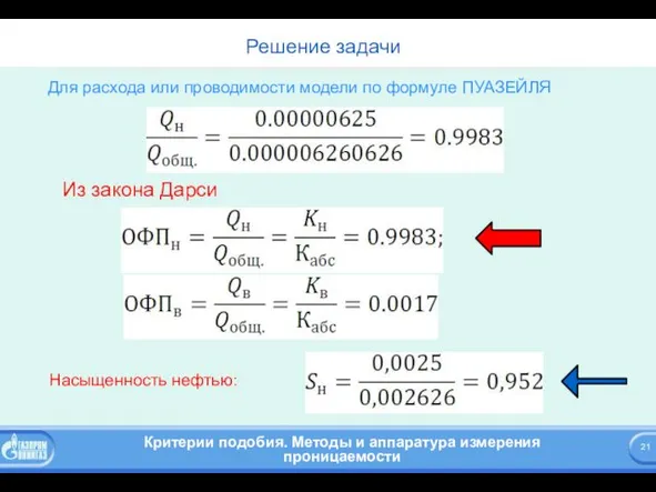 Решение задачи Для расхода или проводимости модели по формуле ПУАЗЕЙЛЯ Из закона Дарси Насыщенность нефтью: