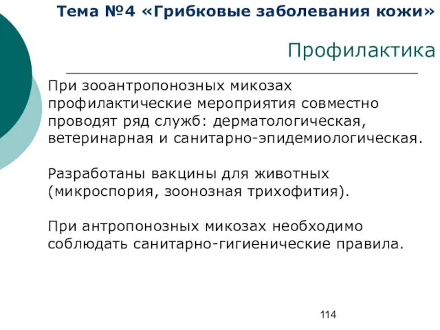 Тема №4 «Грибковые заболевания кожи» Профилактика При зооантропонозных микозах профилактические мероприятия