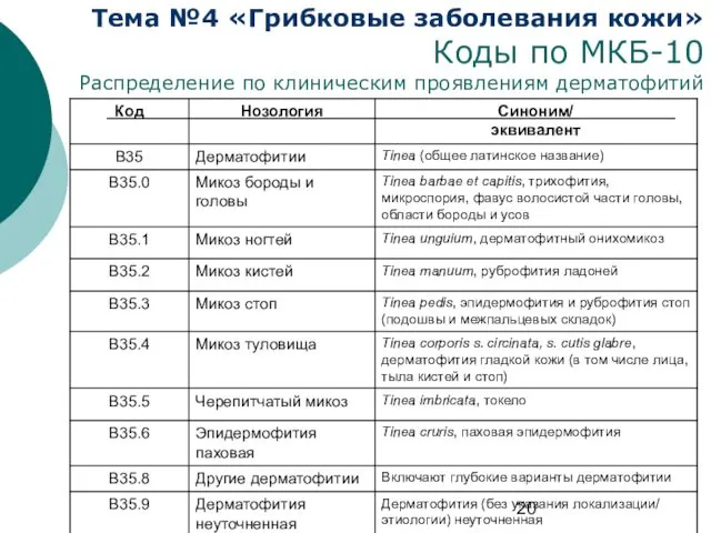 Тема №4 «Грибковые заболевания кожи» Коды по МКБ-10 Распределение по клиническим проявлениям дерматофитий