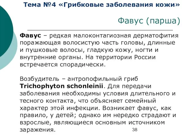 Тема №4 «Грибковые заболевания кожи» Фавус (парша) Фавус – редкая малоконтагиозная