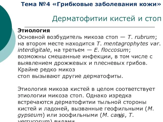 Тема №4 «Грибковые заболевания кожи» Дерматофитии кистей и стоп Этиология Основной