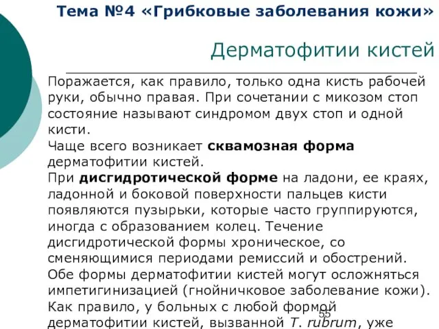 Тема №4 «Грибковые заболевания кожи» Дерматофитии кистей Поражается, как правило, только