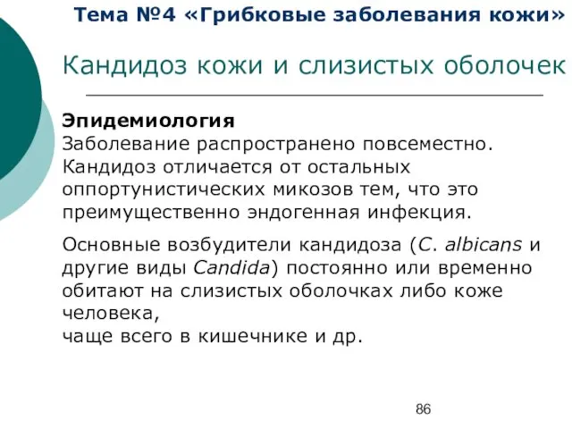 Тема №4 «Грибковые заболевания кожи» Кандидоз кожи и слизистых оболочек Эпидемиология