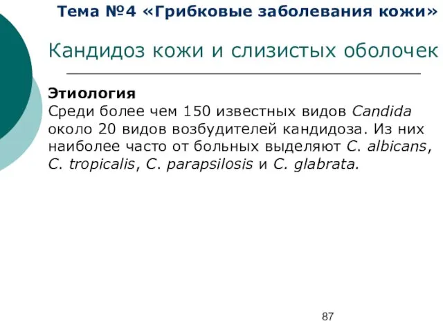 Тема №4 «Грибковые заболевания кожи» Кандидоз кожи и слизистых оболочек Этиология